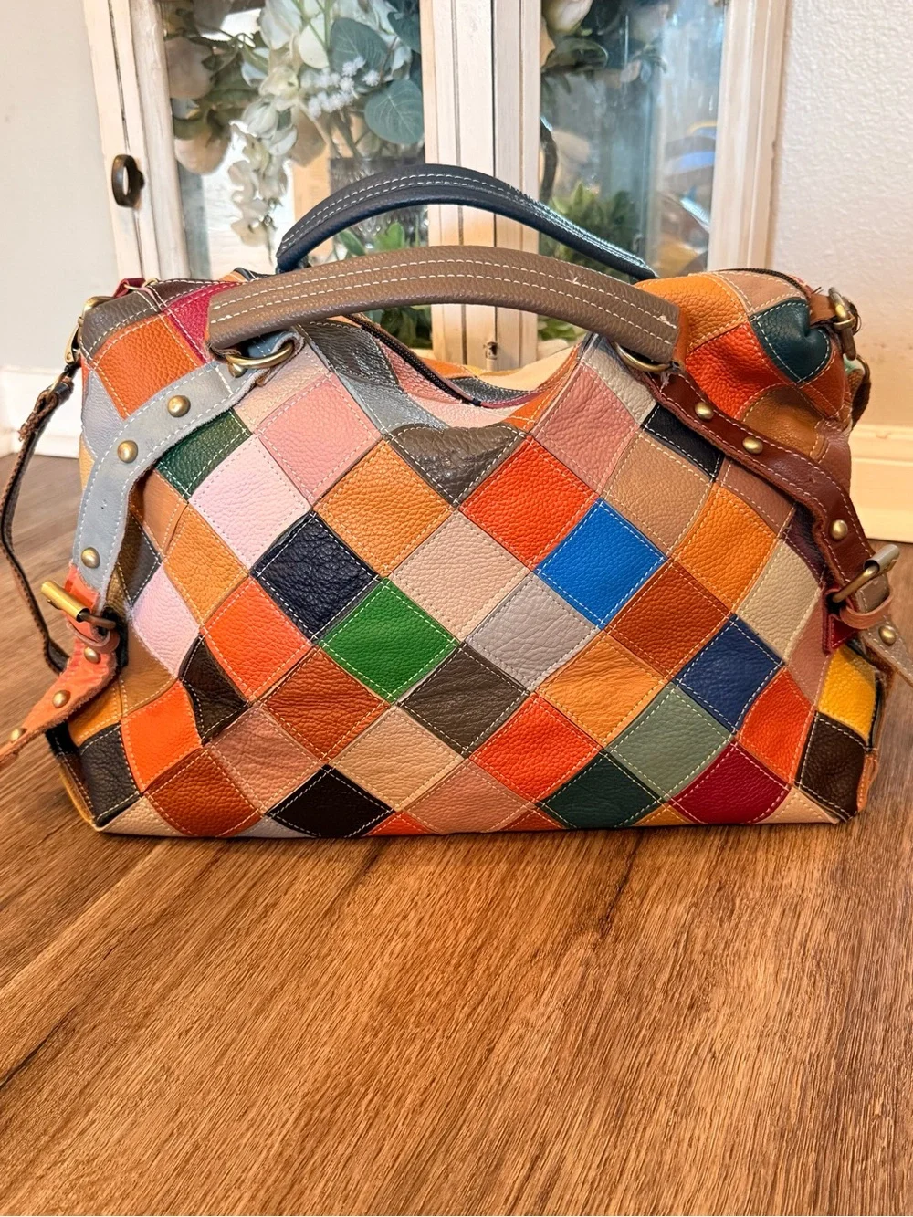 Genuine Leather Color Purse Bohemian Handbag Duffle Studded Patchwork Quilt Tote